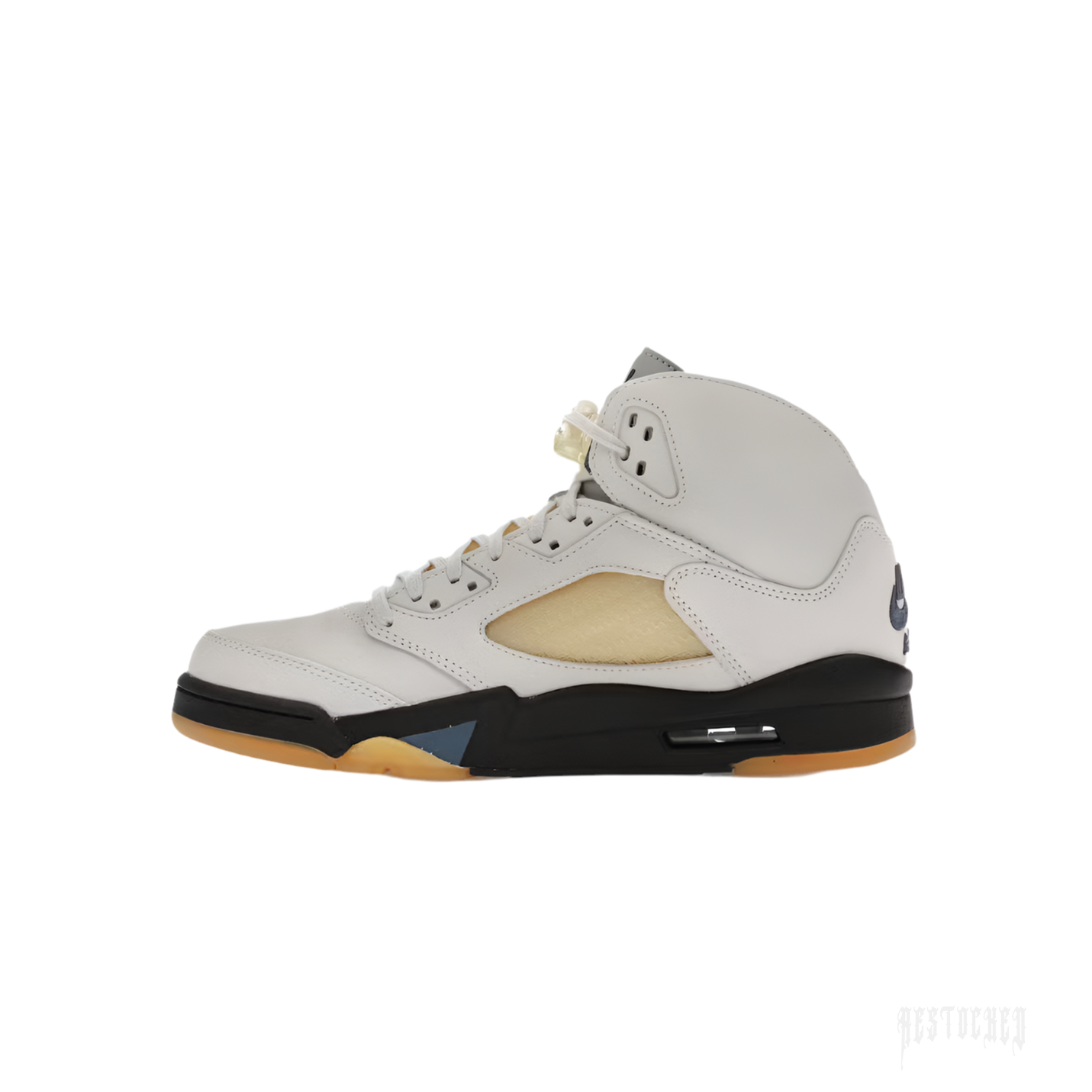 JORDAN 5 RETRO A MA MANIERE DAWN women's sneaker, light grey leather, translucent yellow side panel, black sole.