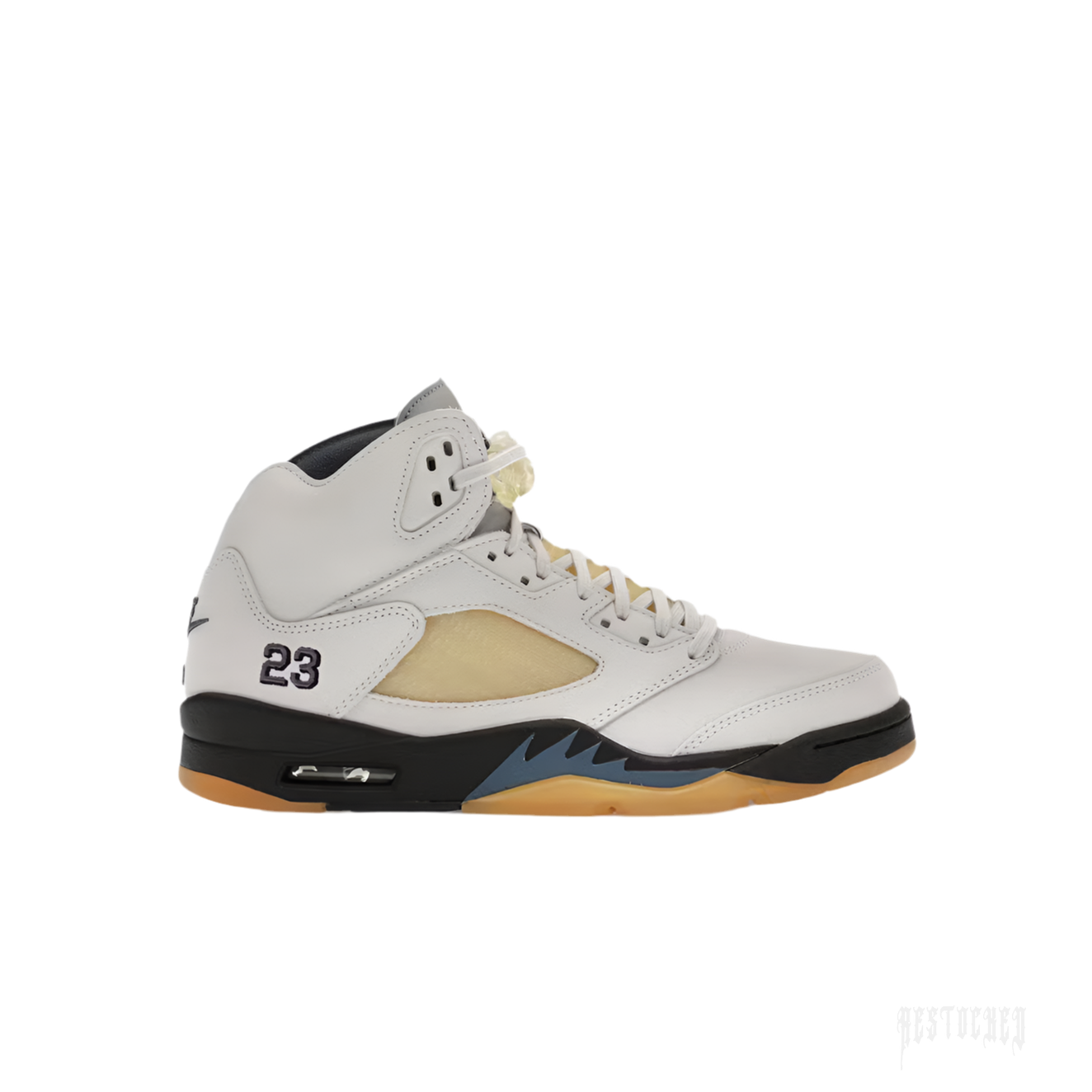 JORDAN 5 RETRO A MA MANIERE DAWN women's sneaker, white leather upper, black midsole, translucent yellow mesh, and gum sole.