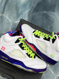 White Jordan 5 Retro Bell Air sneakers, size 11, with neon yellow laces, purple soles, and colorful lining.