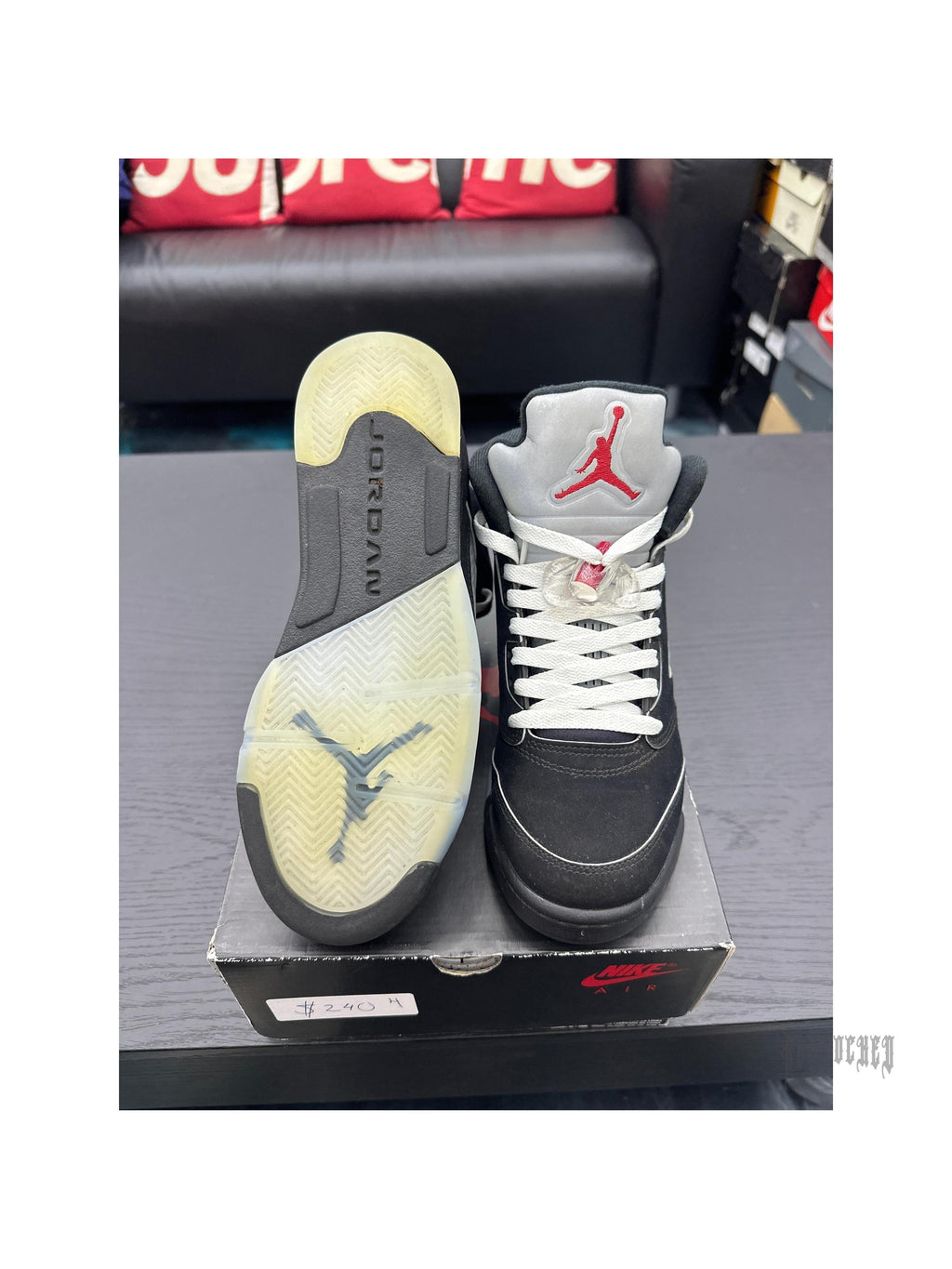 Pre-owned Jordan 5 Retro Black Metallic, size 6Y. Black nubuck upper, silver tongue, red Jumpman, white laces, icy sole.