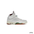 Jordan 5 Retro El Grito Sail sneaker, white leather upper, green shark teeth, red accents, and gum sole.