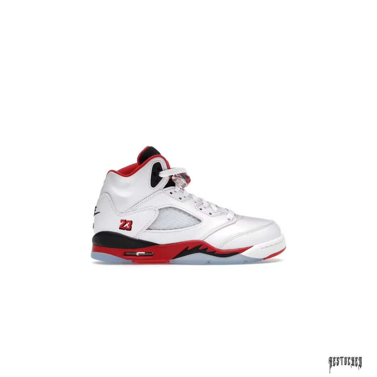 JORDAN 5 RETRO Fire Red (GS) sneaker with white leather, red accents, black tongue, and "23" detail.