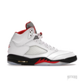 JORDAN 5 RETRO FIRE RED SILVER TONGUE (2020) sneaker, white leather upper, black midsole with red shark teeth, silver tongue, and clear outsole.