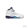 JORDAN 5 RETRO GRAPE 2025 sneaker, white leather upper with purple, teal, and black accents.