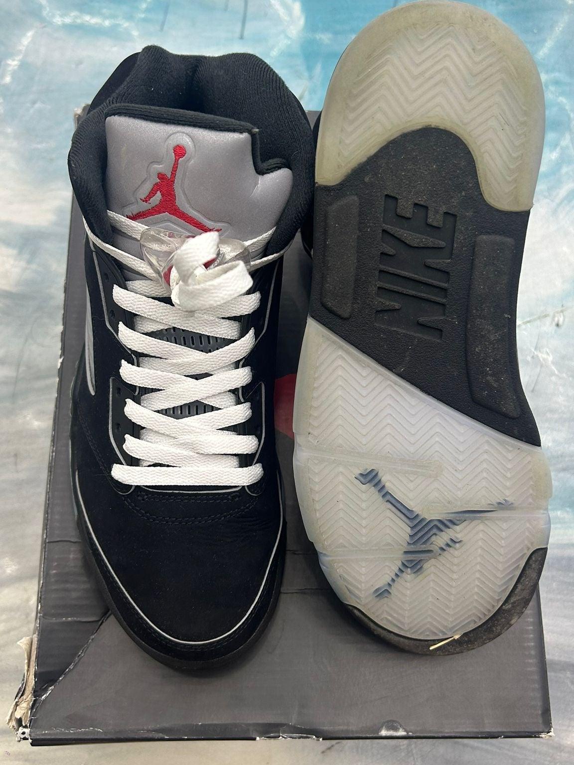 Pre-owned Jordan 5 Retro Metallic Black Reimagined, size 8.5. Black suede upper, red Jumpman, white laces, translucent sole.