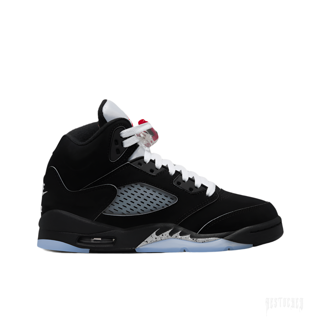 JORDAN 5 RETRO OG BLACK METALLIC REIMAGINED sneaker, black nubuck upper, metallic silver tongue, red Jumpman.