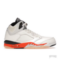 White leather Jordan 5 Retro Shattered Backboard sneaker with orange midsole and black accents.