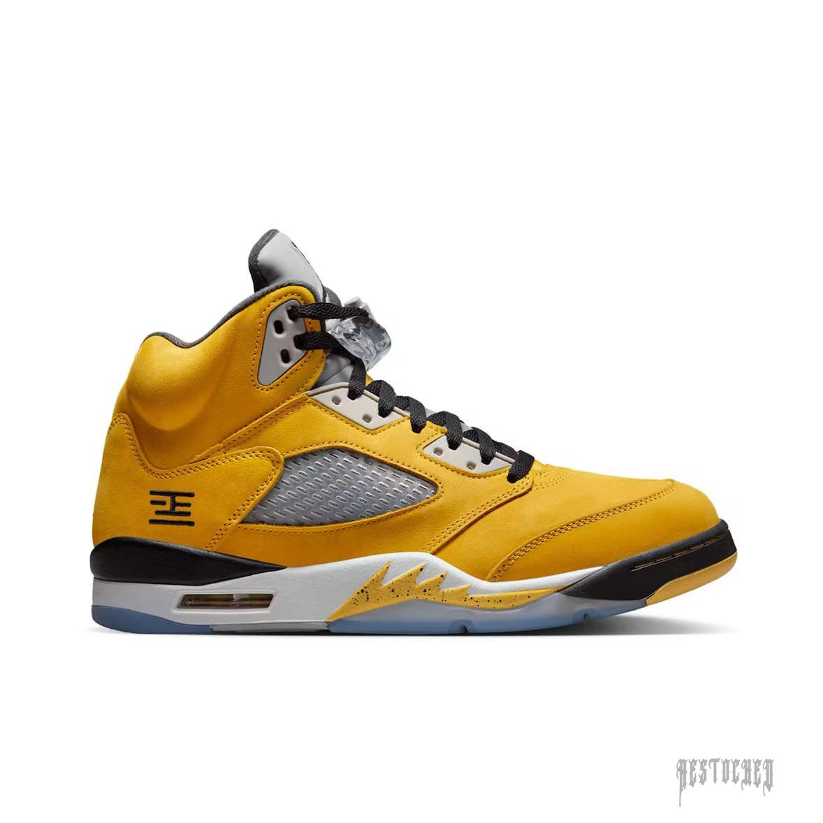 JORDAN 5 RETRO TOKYO T23 (2025) in vibrant yellow with black accents, grey mesh, and "23" branding.