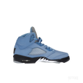 JORDAN 5 RETRO UNC UNIVERSITY BLUE sneaker, light blue leather upper, black midsole with white speckled shark teeth.