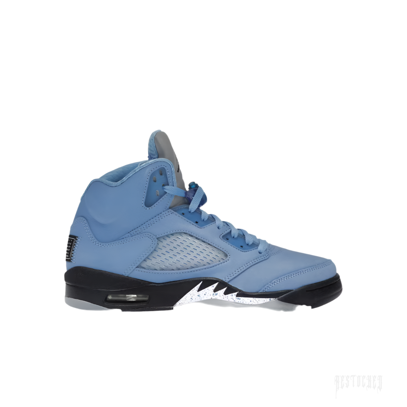 JORDAN 5 RETRO UNC UNIVERSITY BLUE sneaker, light blue leather upper, black midsole with white speckled shark teeth.