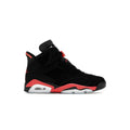 Jordan 6 Retro Infrared sneaker, black nubuck upper with vibrant infrared accents on midsole and heel.