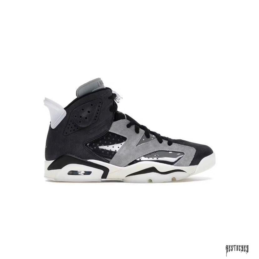 JORDAN 6 RETRO TECH CHROME WOMENS sneaker in black, grey, and white with reflective accents.