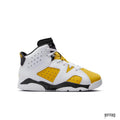 JORDAN 6 RETRO YELLOW OCHRE (PS) sneaker, white leather upper with yellow ochre panels, black accents.