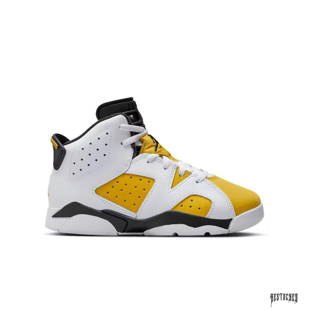 JORDAN 6 RETRO YELLOW OCHRE (PS) sneaker, white leather upper with yellow ochre panels, black accents.