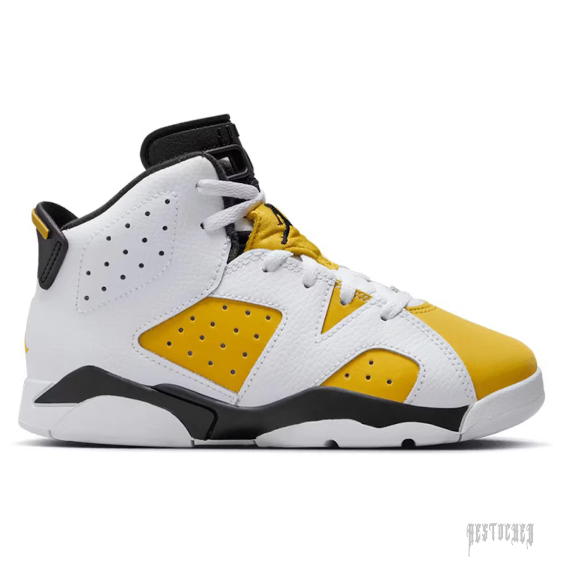 JORDAN 6 RETRO YELLOW OCHRE sneaker with white leather, yellow ochre accents, and black sole.