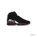 JORDAN 8 RETRO PLAYOFFS (2023) black suede high-top sneaker with red, white, and blue accents.