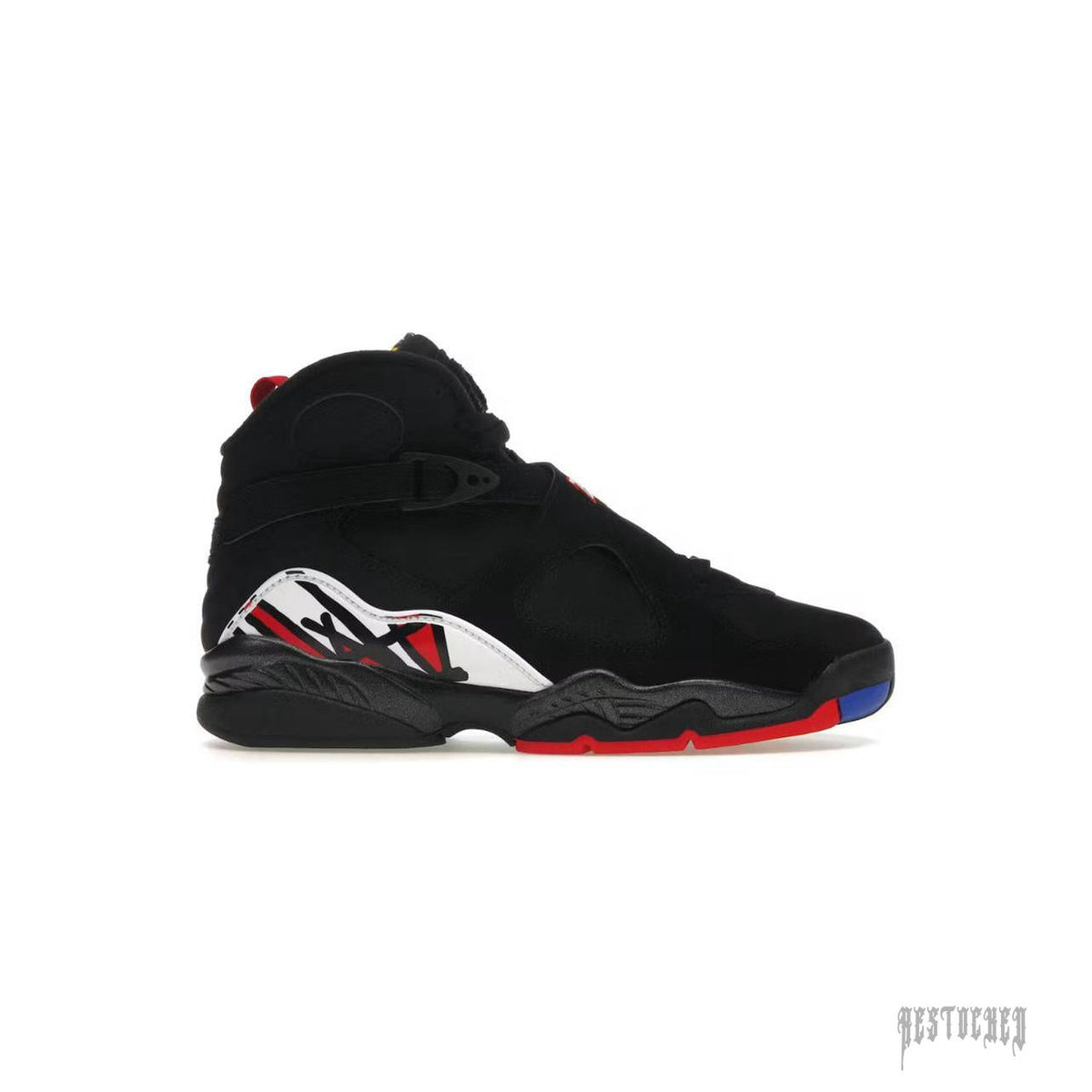 JORDAN 8 RETRO PLAYOFFS (2023) black suede high-top sneaker with red, white, and blue accents.