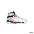 JORDAN 8 Retro sneaker in white leather with true red and black accents, featuring a mid-top design and strap.