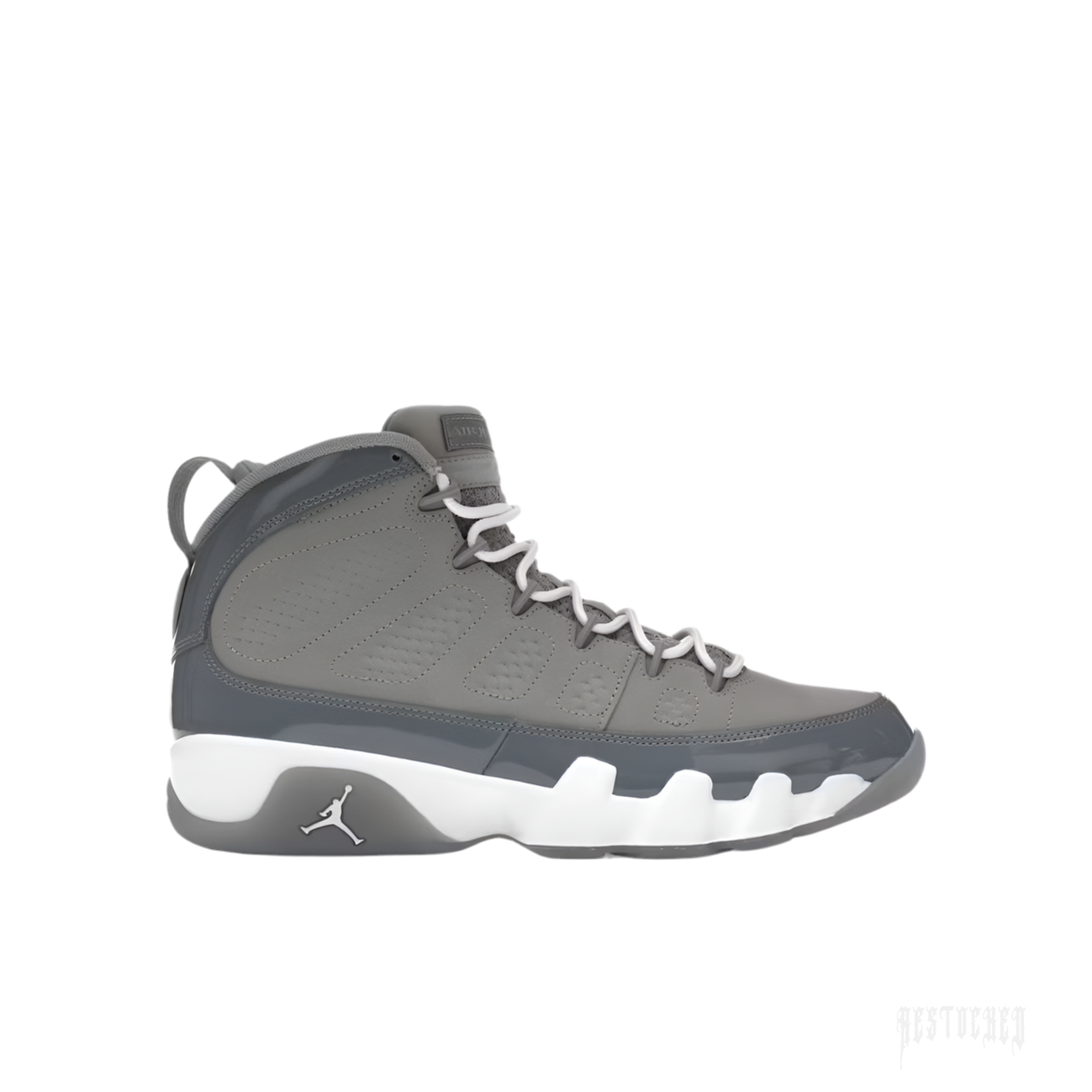 JORDAN 9 RETRO COOL GREY sneaker with patent leather mudguard, white midsole, and Jumpman logo.