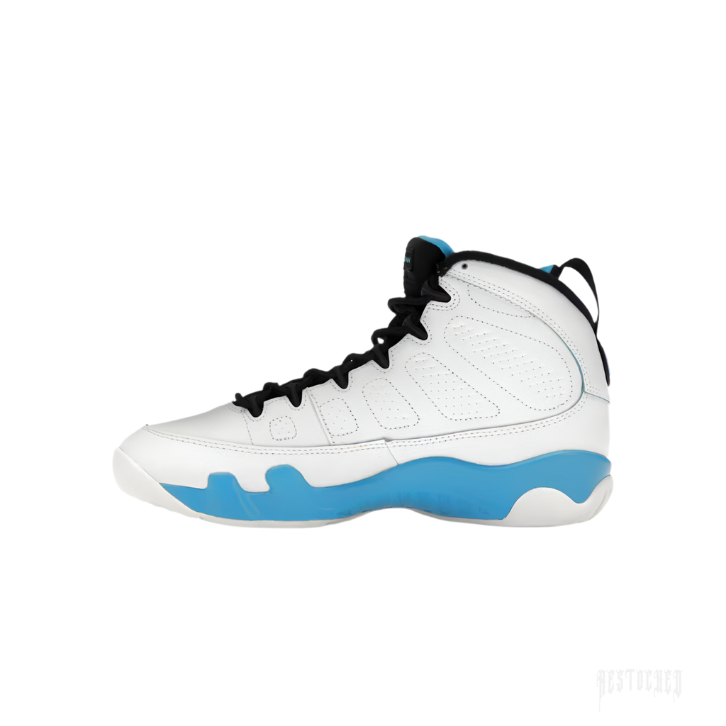 JORDAN 9 Retro Powder Blue (2024) sneaker, white leather upper with light blue midsole and black laces.