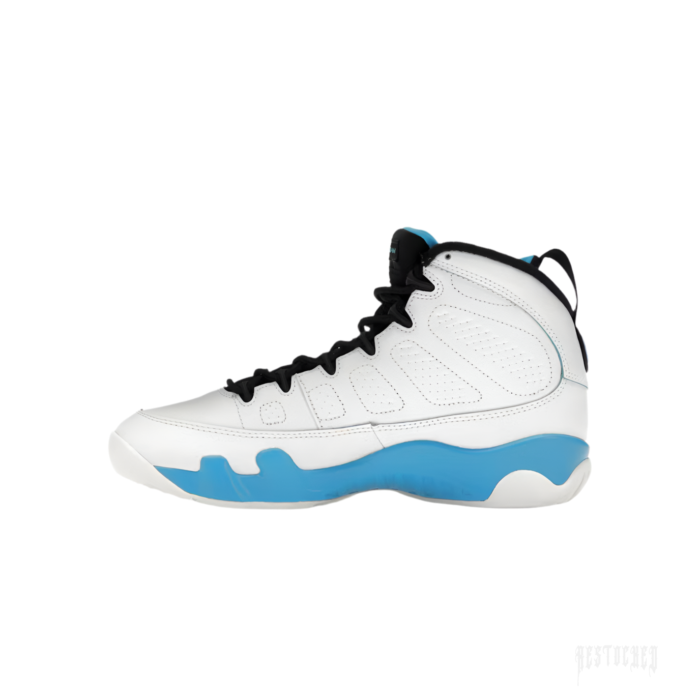 JORDAN 9 Retro Powder Blue (2024) sneaker, white leather upper with light blue midsole and black laces.