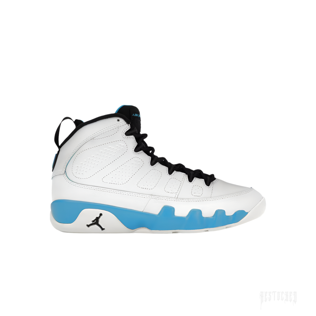 JORDAN 9 RETRO POWDER BLUE (2024) sneaker, white leather upper with light blue sole and black laces.