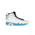 JORDAN 9 RETRO POWDER BLUE (2024) sneaker, white leather upper with light blue sole and black laces.