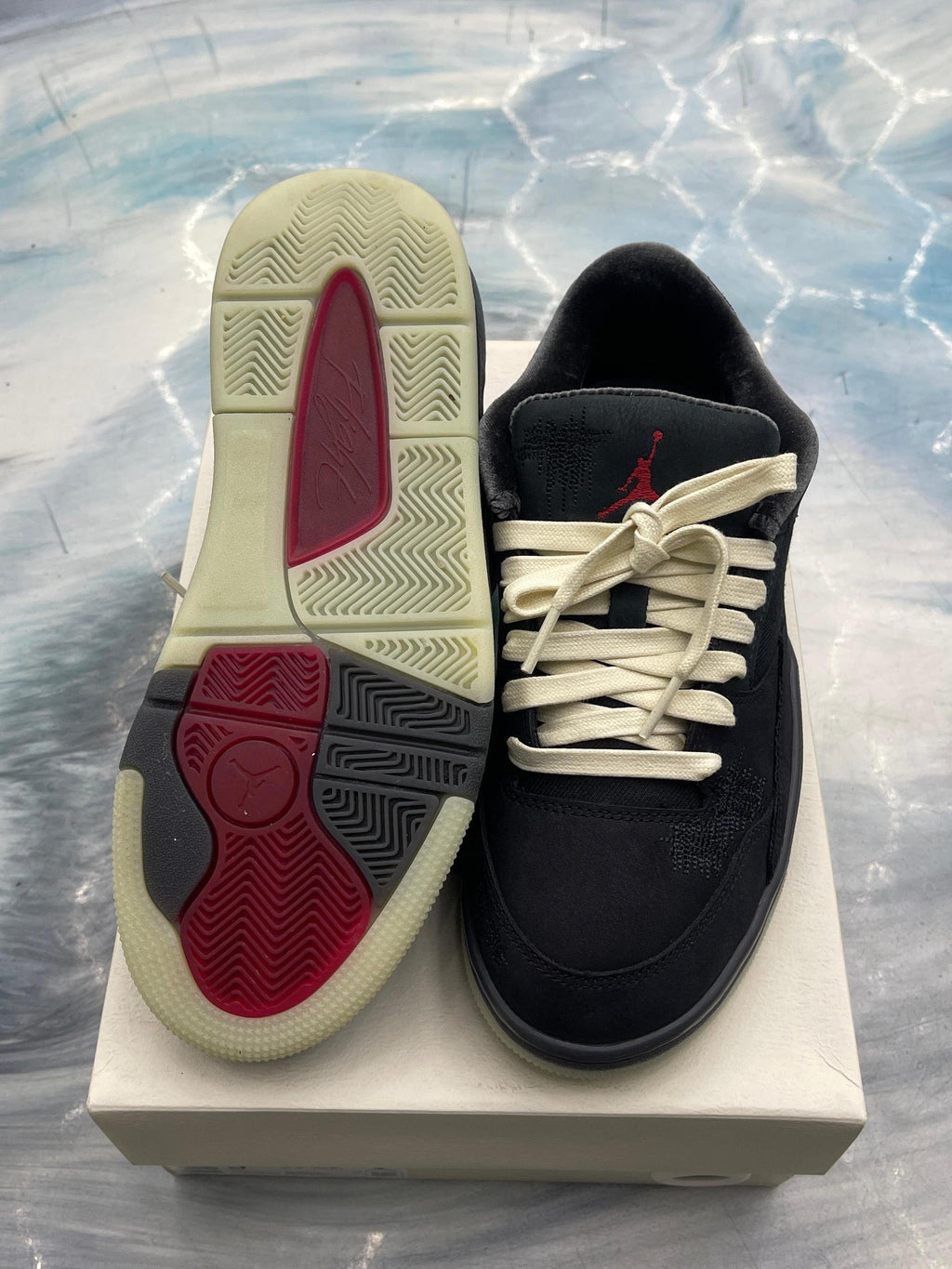 Pre-owned Jordan Flight Court "Who Decides War" Bred sneakers, black suede upper, red Jumpman, cream laces, size 9W/7.5M.