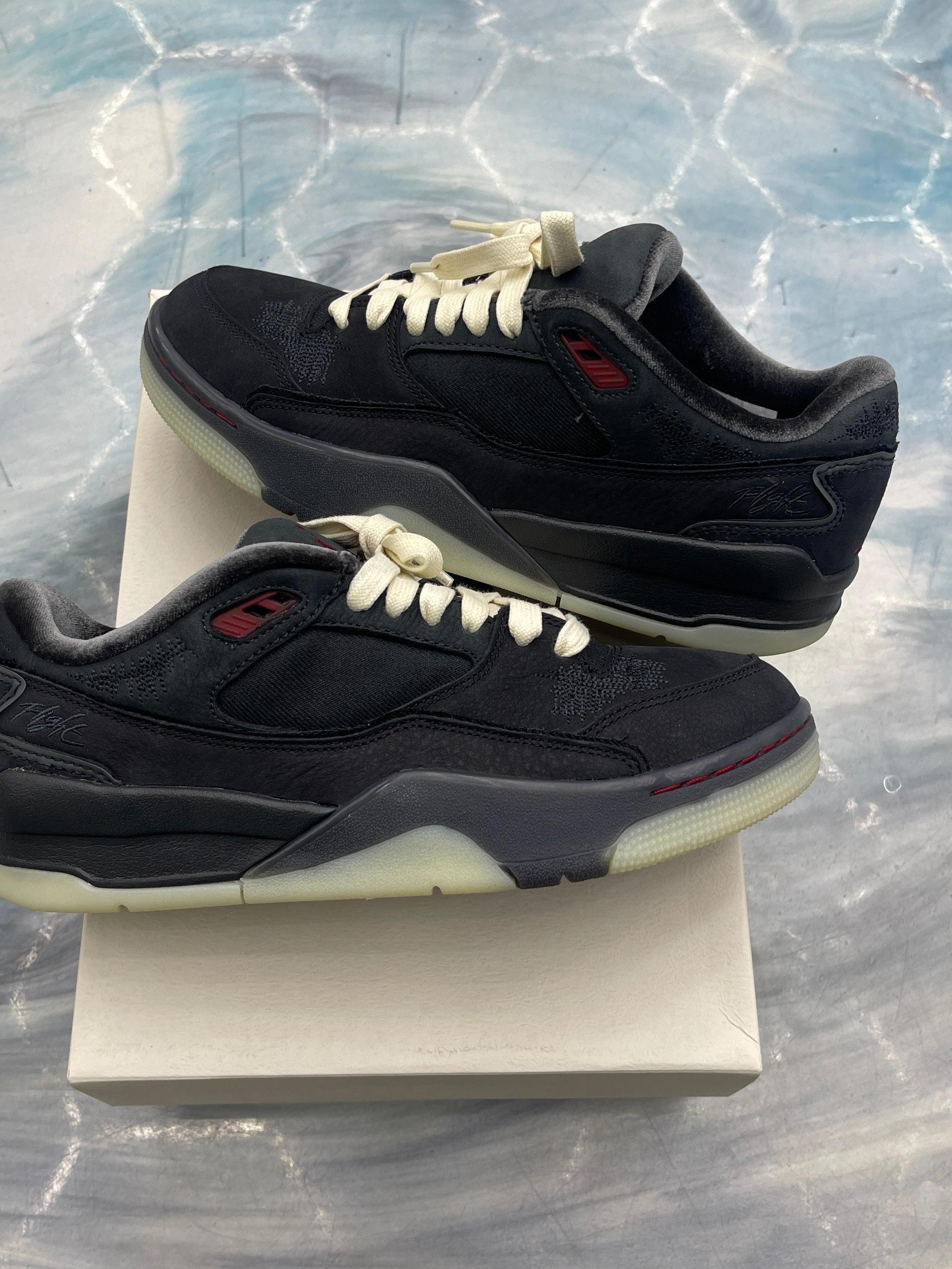 Pre-owned JORDAN FLIGHT COURT WHO DECIDES WAR BRED sneakers, black with red accents, cream laces, size 9W/7.5M.
