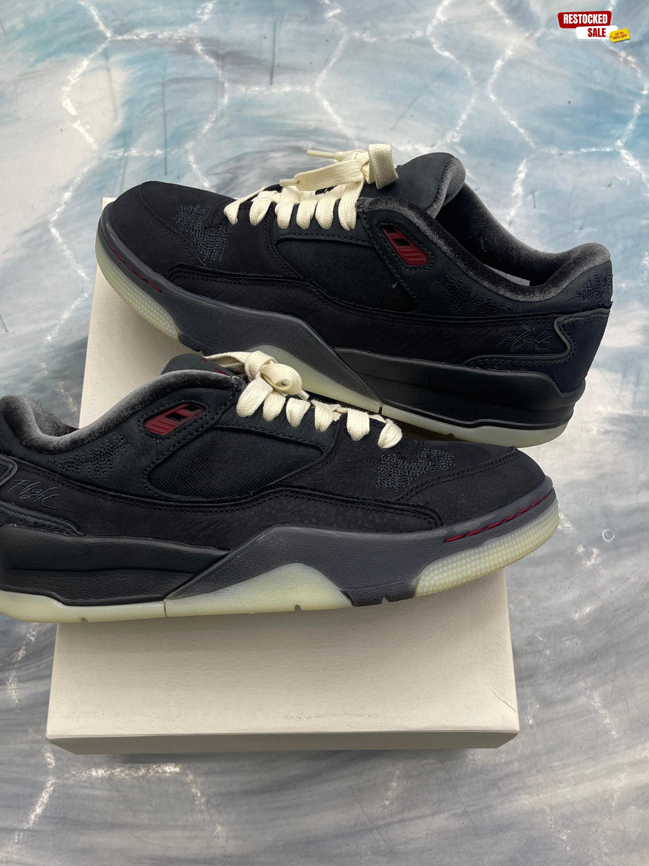 Pre-owned JORDAN FLIGHT COURT WHO DECIDES WAR BRED sneakers, black with red accents, cream laces, size 9W/7.5M.