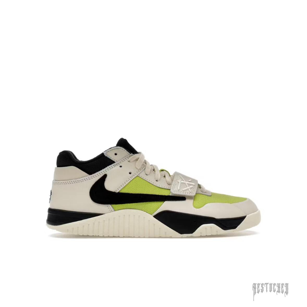 Travis Scott Jordan Jumpman Jack TR Bright Cactus sneaker with black swoosh and cream accents.