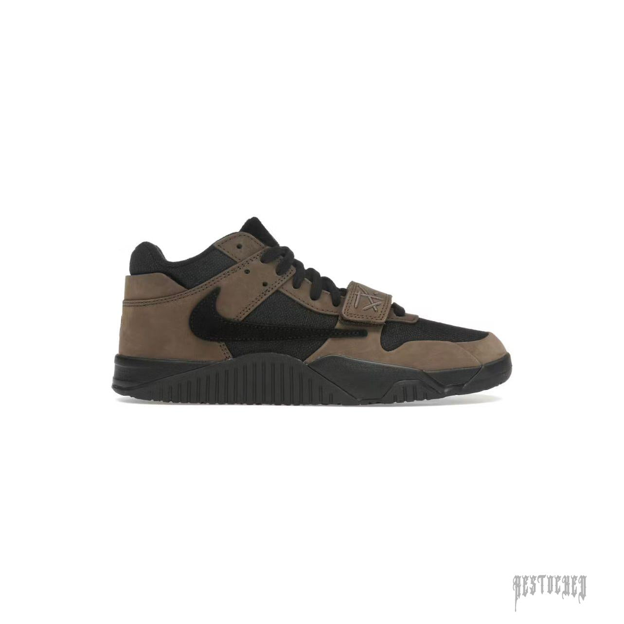 Travis Scott Jordan Jumpman Jack TR "Dark Mocha" sneaker with brown suede and black mesh, featuring a midfoot strap.