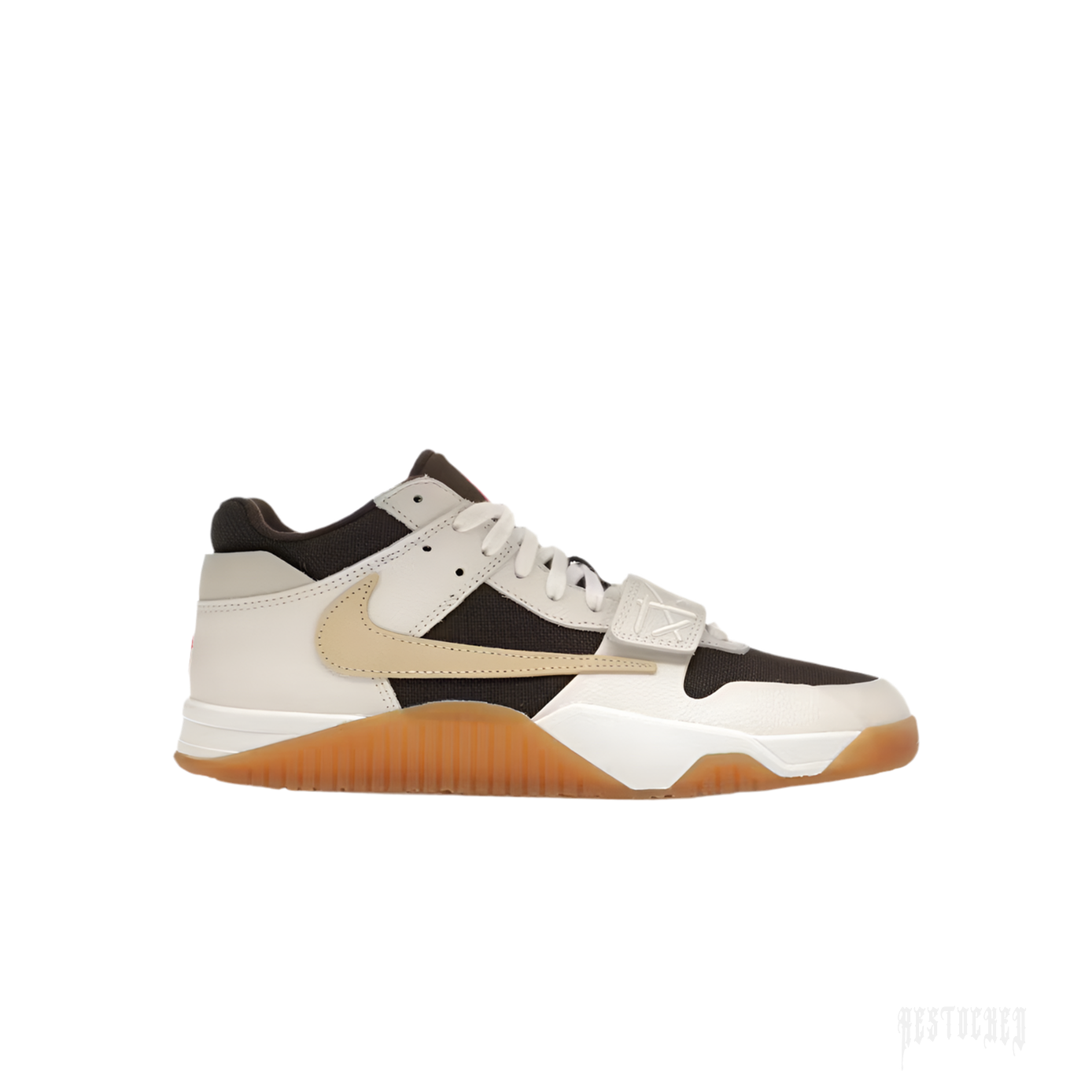 Travis Scott Jordan Jumpman Jack TR Sail sneaker, white leather, brown mesh, tan swoosh, gum sole.