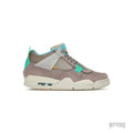 Jordan 4 Retro Union Taupe Haze sneaker, side view, with taupe suede, mesh, and teal accents.