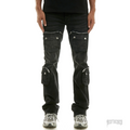 KDNK black 3D cargo flare jeans with multiple zippered pockets and silver hardware.