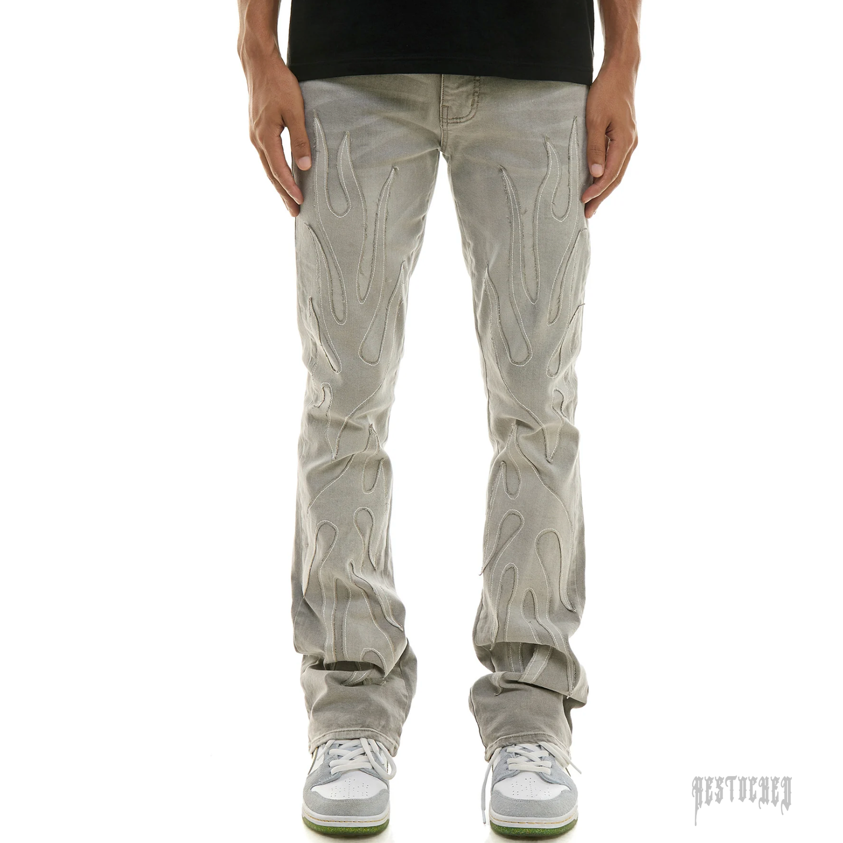 KDNK Fiery Flare Jeans KND4749, light grey denim with embroidered flame details on front.