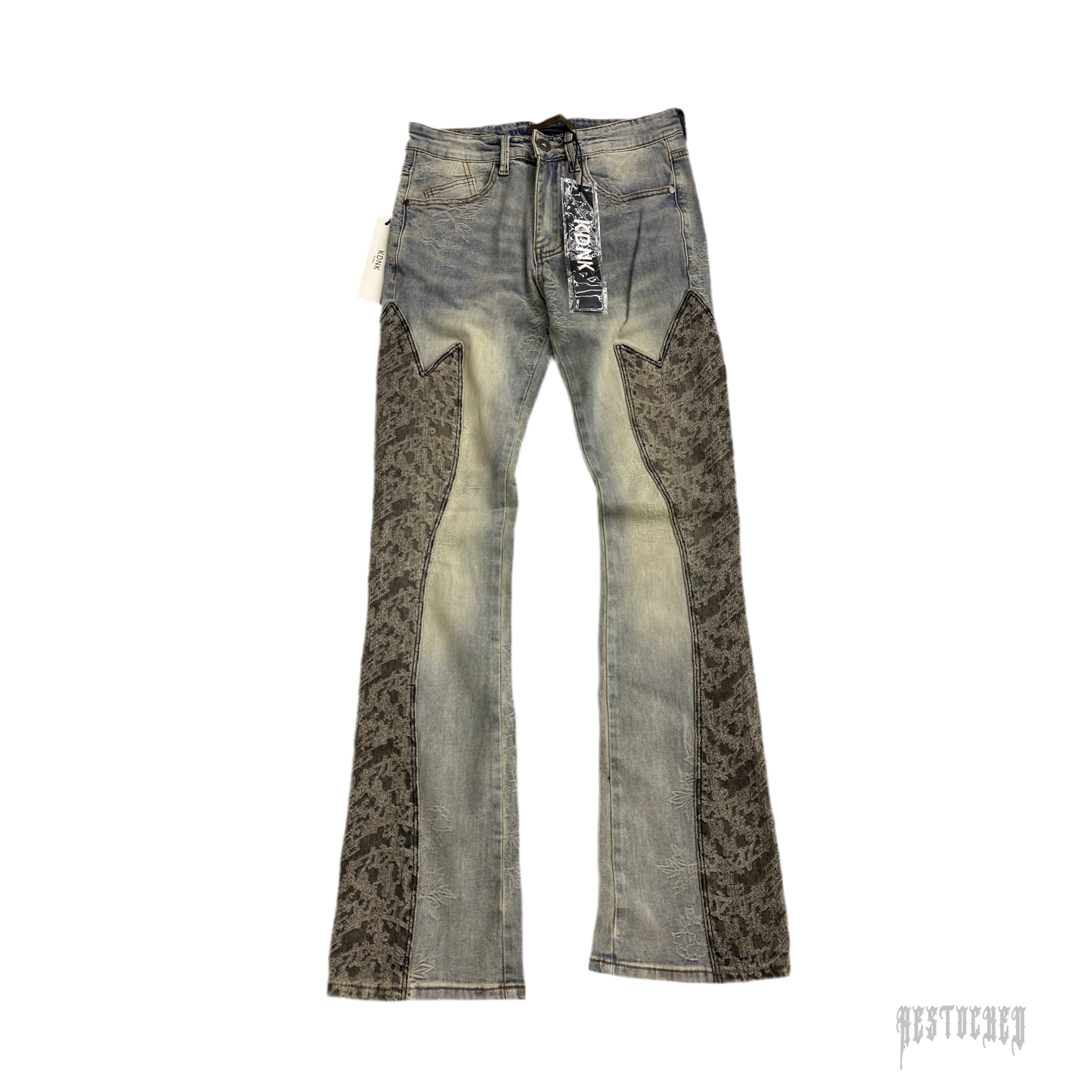 KDNK KND4808 light wash jacquard jeans with dark patterned flared inserts.