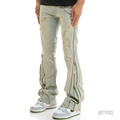 KDNK NEO-ZEPHYR light wash skinny flare jeans with distressed rips and full-length side zippers.
