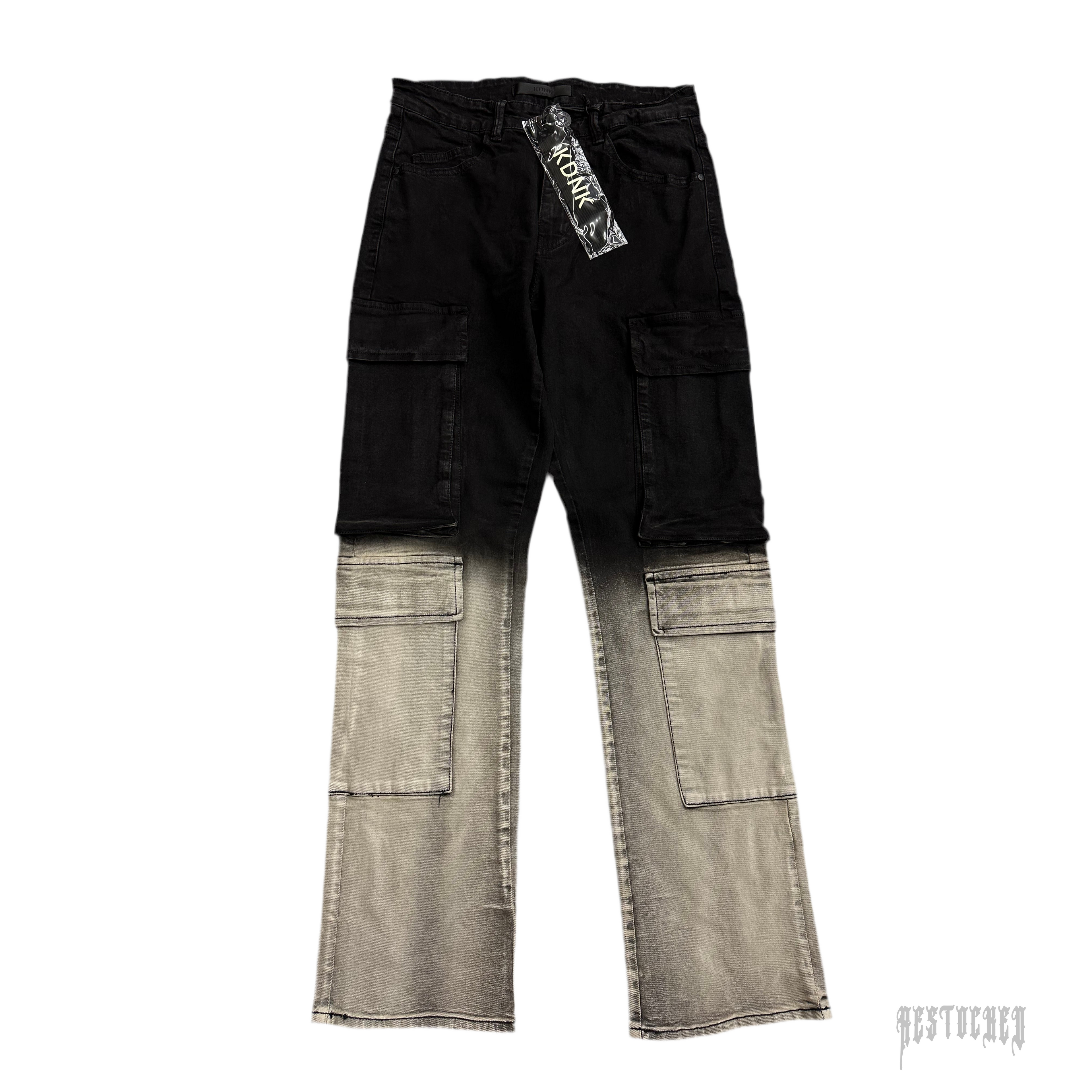 KDNK ombre double cargo slim jeans, black fading to light grey, with large side pockets.