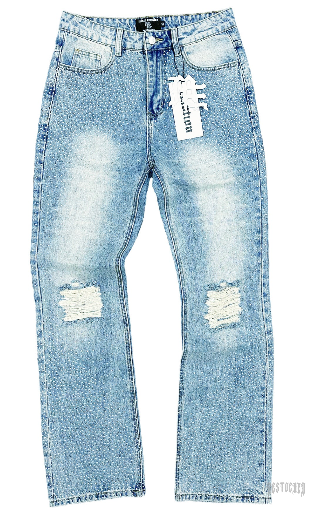 Light wash denim jeans with all-over rhinestones and distressed knee rips.