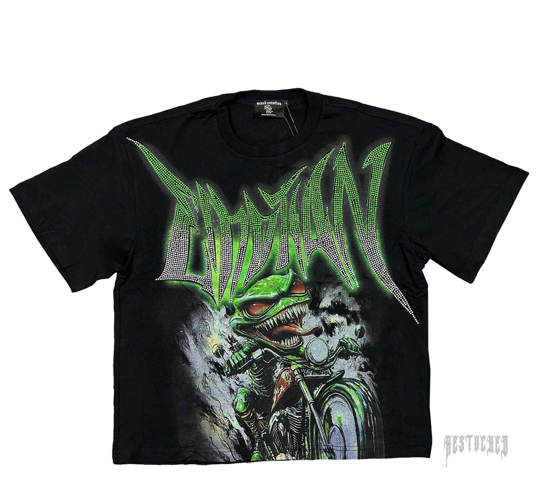 Black MIX EMOTION GOBLIN RHINESTONE TEE with green goblin riding a motorcycle design.