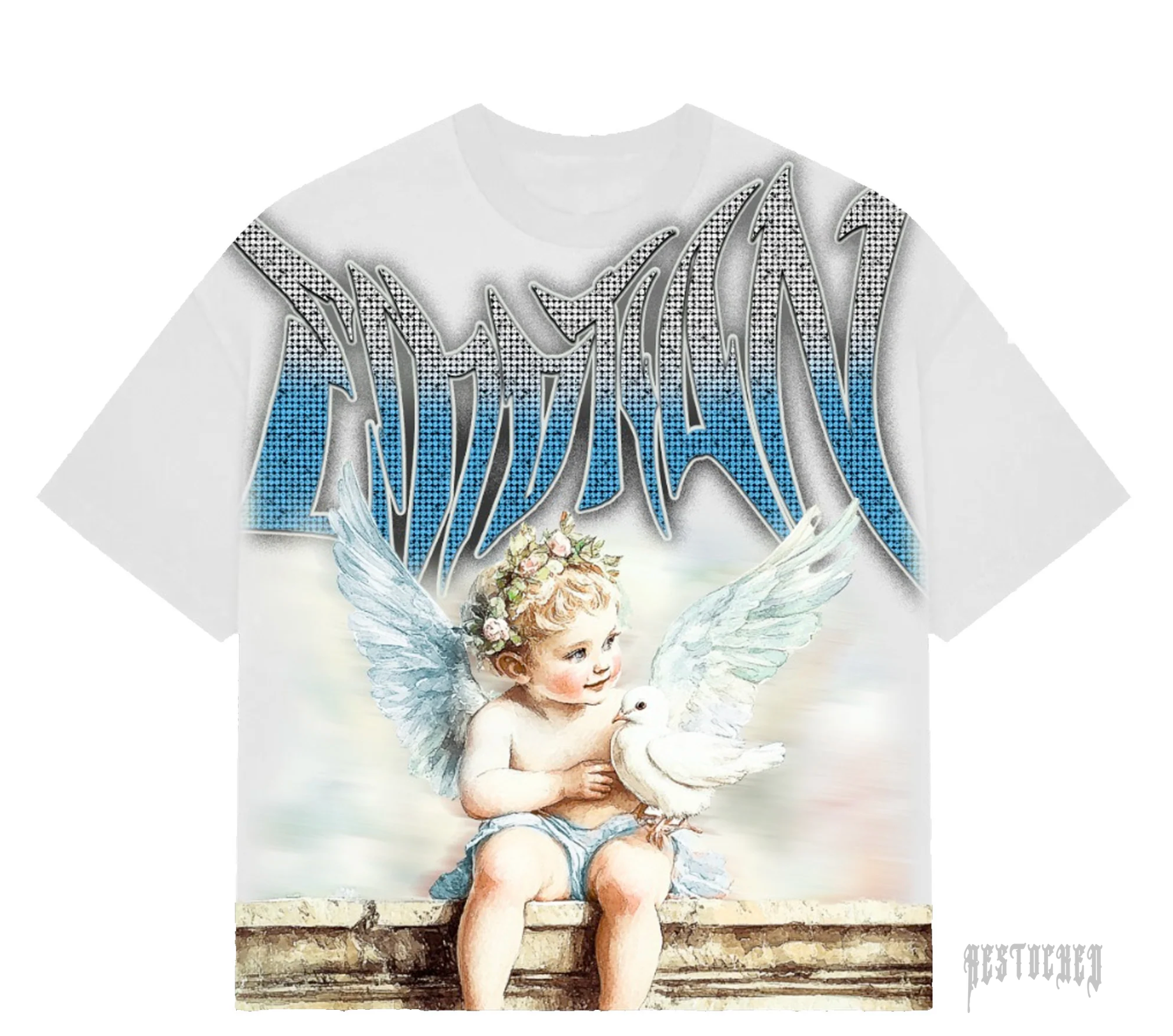 White oversized tee with blue rhinestone "EMOTION" text and a cherub holding a white dove.
