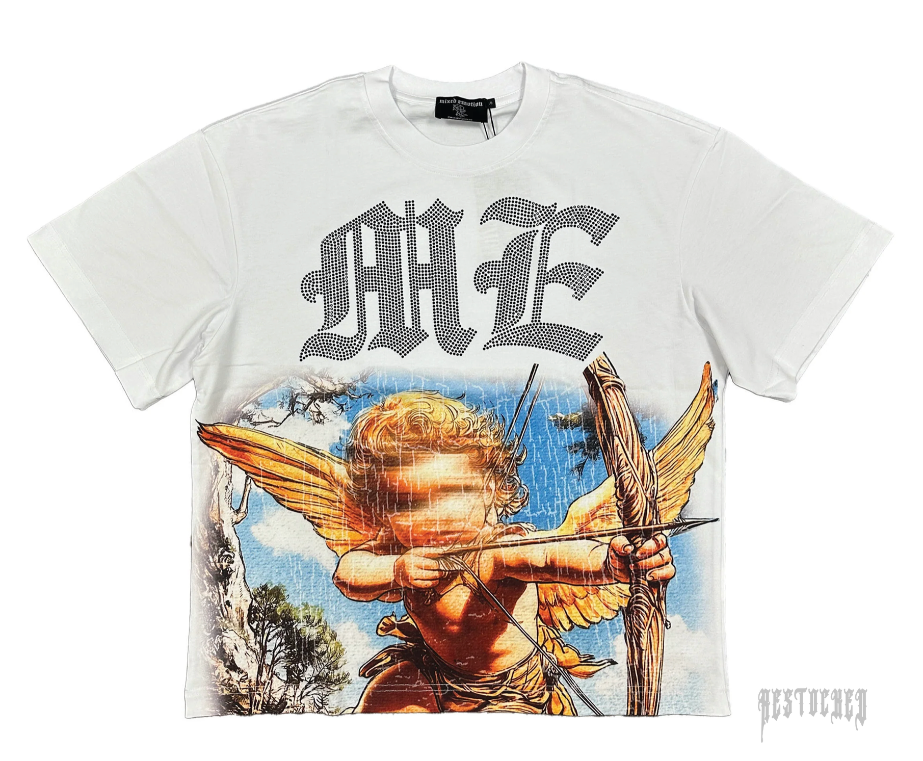 White cotton tee with "ME" rhinestone text and a graphic of a winged angel aiming a bow.