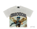 White MIXED EMOTION ARCH ANGEL TEE with rhinestone "EMOTION" text and a winged cupid graphic.