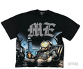 Black cotton tee with "ME" in rhinestones, featuring an astronaut in a gas mask holding a mug, sitting by a lighthouse.