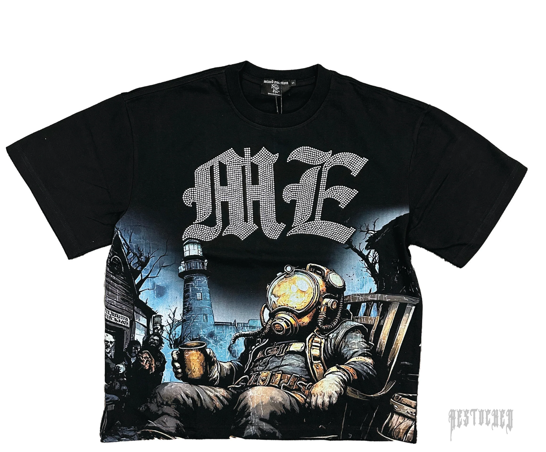 Black cotton tee with "ME" in rhinestones, featuring an astronaut in a gas mask holding a mug, sitting by a lighthouse.