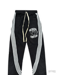 Black comfort pants with white triple stripes, drawstring waist, and "MIXED EMOTION" graphic.