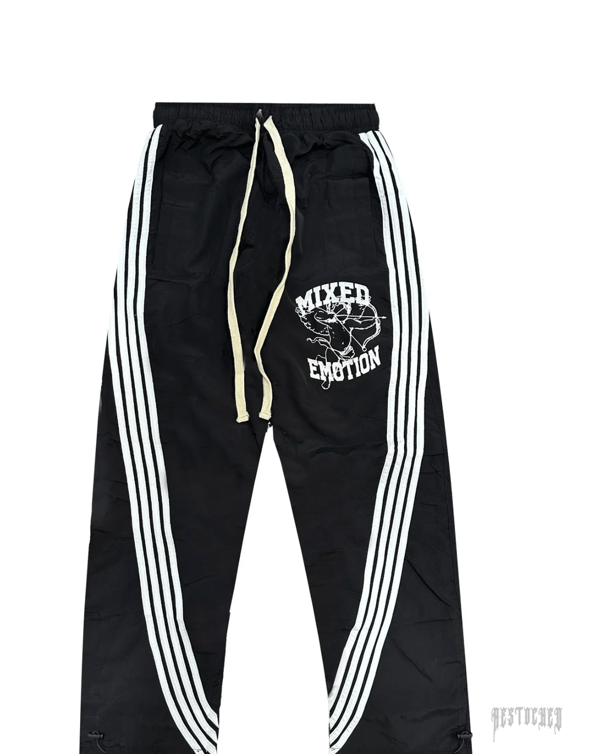 Black comfort pants with white triple stripes, drawstring waist, and "MIXED EMOTION" graphic.