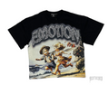 Black oversized tee with "EMOTION" in rhinestones, featuring cherubs running on a beach.