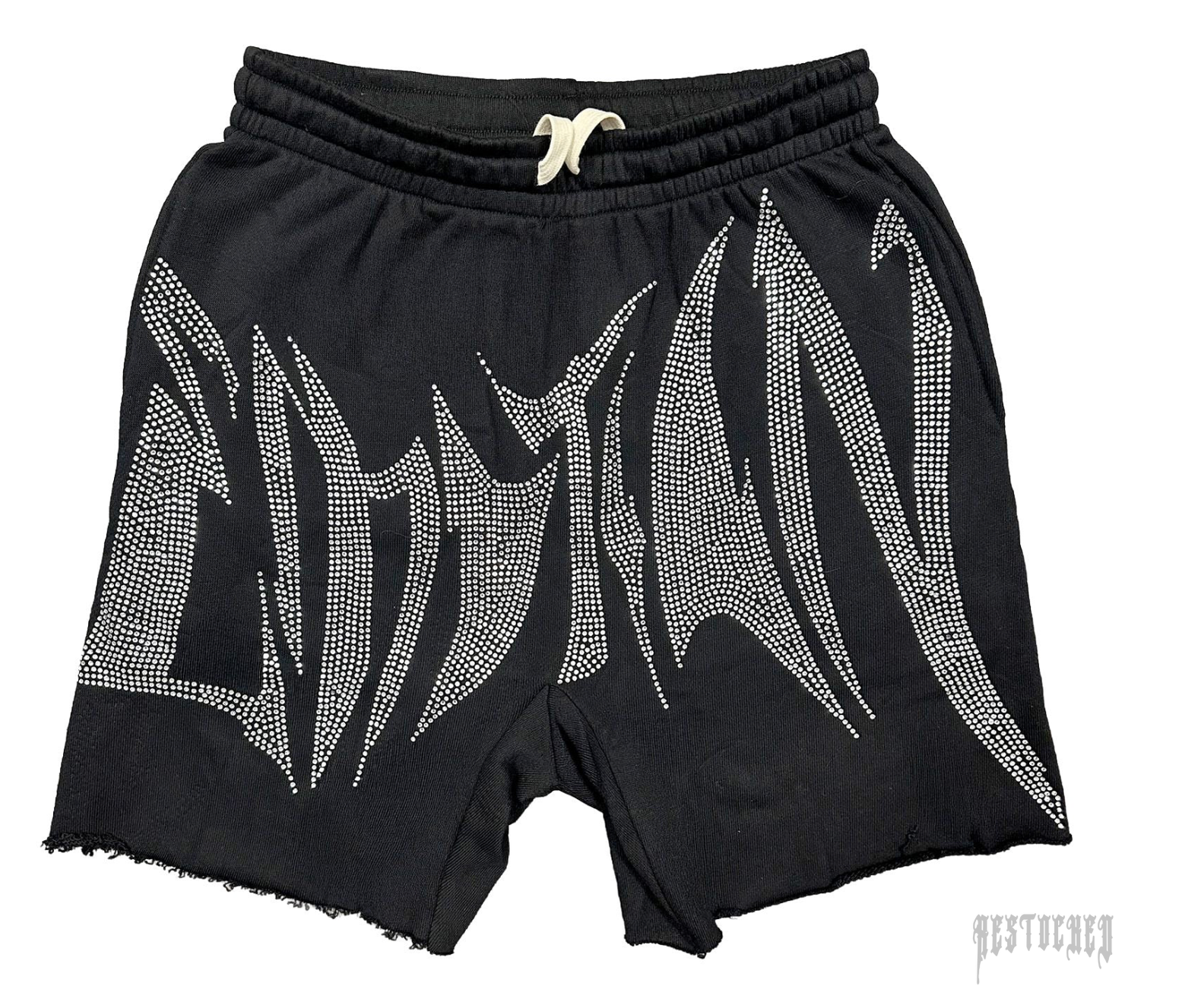 Black cotton shorts with "EMOTION" spelled out in silver rhinestones, raw hem, and white drawstring.